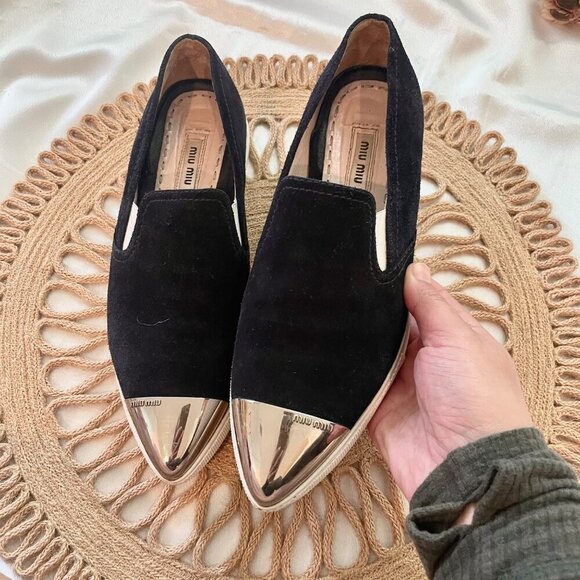 Miu Miu Black Suede Metal Cap Toe Slip On Sneakers Size 36 - Picture 1 of 10